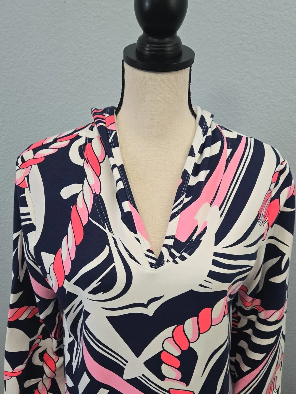 BARBARA GERWIT Cover Up Tunic Top Hoodie Anchor Rope Print Large Pink Blue Retro